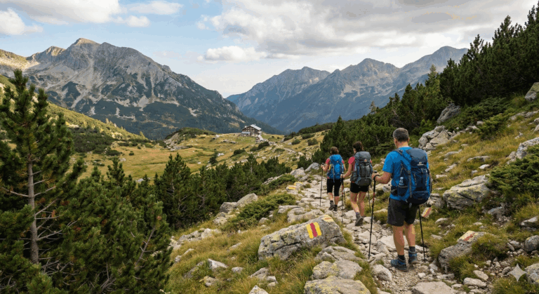 Three hikers with backpacks and poles walk along a rocky marked trail in Pirin, with a view of a mountain hut in the valley and high peaks in the background.
