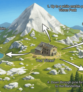 Илюстративна туристическа карта на Пирин, показваща хижа Вихрен като централна точка и четири основни маршрута: към връх Вихрен, езеро Синаница, заслон Тевно езеро и хижа Бъндерица.