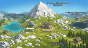 Illustrative tourist map of Pirin, showing Vihren hut as a central point and four main routes: to Vihren peak, Sinanitsa lake, Tevno lake shelter and Banderitsa hut.