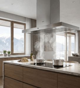 олям островен аспиратор от неръждаема стомана, монтиран над кухненски остров, който изтегля пара от тенджери върху индукционен плот. Заден план: модерна всекидневна и големи прозорци с гледка към заснежени планини.