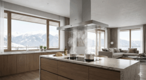 A large stainless steel island range hood mounted above a kitchen island draws steam from pots on an induction hob. Background: a modern living room and large windows with views of snow-capped mountains.