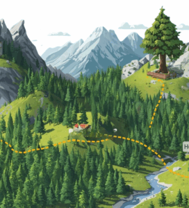 Илюстрована туристическа карта на лек маршрут в Пирин, свързващ хижа Вихрен, Байкушевата мура и хижа Бъндерица.