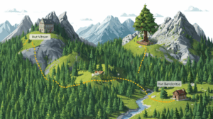 Illustrated tourist map of an easy route in Pirin, connecting Vihren hut, Baykushevata mura and Banderitsa hut.