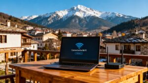 A man works on a laptop next to a Wi-Fi router with a view of Bansko and Pirin Mountains in the background