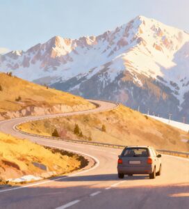 Автомобил пътува по живописен планински път през прохода Предел към ски курорта Банско през зимата.