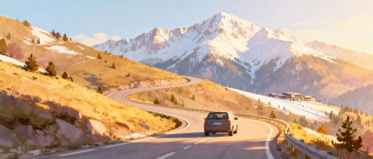 A car travels along a scenic mountain road through the Predel Pass towards the Bansko ski resort in winter.