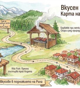 Акварелна илюстрация във вид на карта, показваща маршрут за разходка и хранене в Белица. Включва Парка за танцуващи мечки и заведенията "Барбекю при мечките", "Rila Fish" и "Martini Restaurant & Bar".