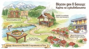 Watercolor illustration in the form of a map showing a walking and dining route in Belitsa. Includes the Dancing Bear Park and the restaurants "Barbecue at the Bears", "Rila Fish" and "Martini Restaurant & Bar".