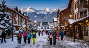 The busy Nayden Gerov Street in Bansko in winter with tourists and skiers near the gondola lift