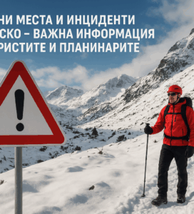 Планинар с червено яке и каска стои до предупредителен пътен знак с удивителна в снежна планина. Текст върху снимката: "ОПАСНИ МЕСТА И ИНЦИДЕНТИ В БАНСКО – ВАЖНА ИНФОРМАЦИЯ ЗА ТУРИСТИТЕ И ПЛАНИНАРИТЕ".