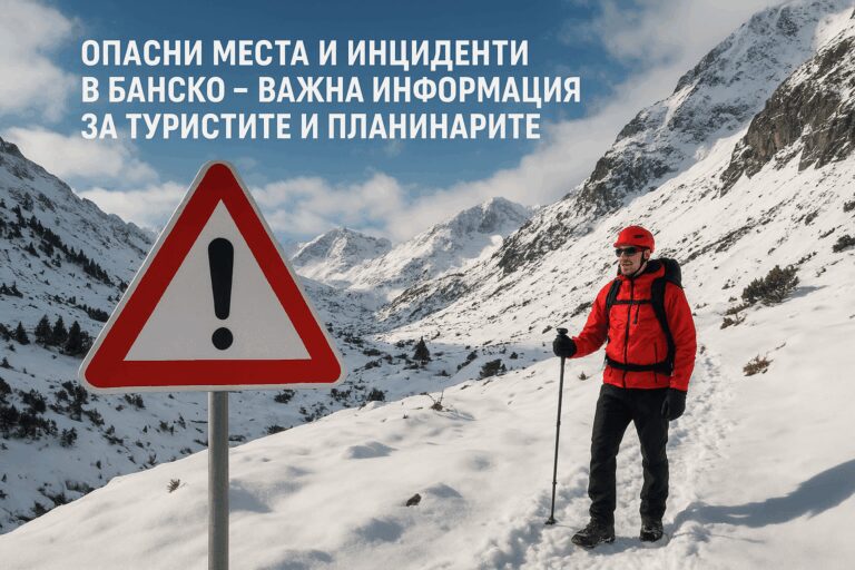 Альпинист в красной куртке и шлеме стоит рядом с предупреждающим дорожным знаком с восклицательным знаком в заснеженной горе. Текст на фотографии: "ОПАСНЫЕ МЕСТА И ПРОИСШЕСТВИЯ В БАНСКО — ВАЖНАЯ ИНФОРМАЦИЯ ДЛЯ ТУРИСТОВ И АЛЬПИНИСТОВ".
