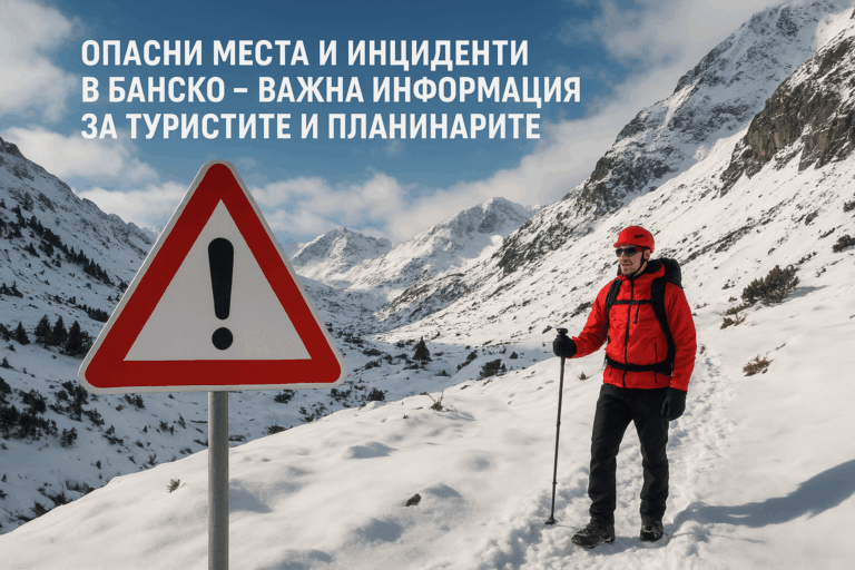 A mountaineer in a red jacket and helmet stands next to a warning road sign with an exclamation mark in a snowy mountain. Text on the photo: "DANGEROUS PLACES AND INCIDENTS IN BANSKO - IMPORTANT INFORMATION FOR TOURISTS AND MOUNTAINEERS".