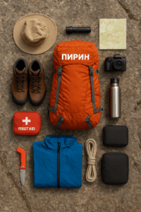 Mountain equipment for hiking in Pirin – backpack, shoes, map, water and first aid, arranged on a rocky background