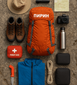 Планинска екипировка за хайкинг в Пирин – раница, обувки, карта, вода и първа помощ, подредени върху скален фон