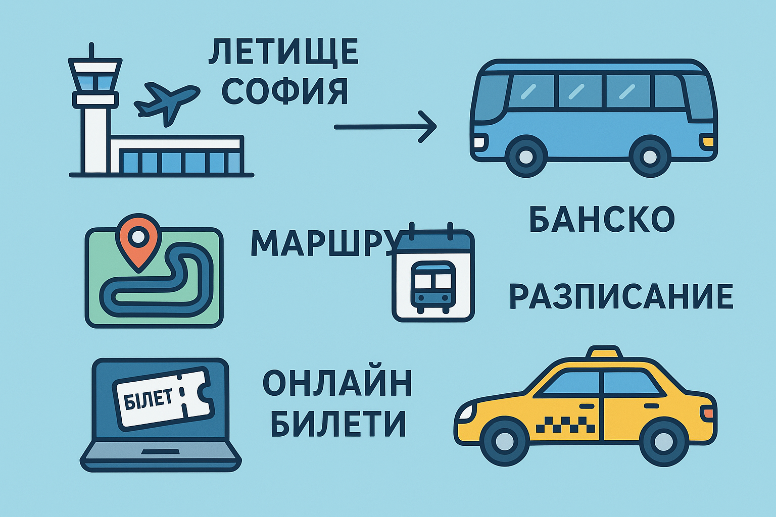Инфографика с маршрута от Летище София до Банско, показваща автобус, такси, маршрут, онлайн билети и разписание.