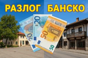 Колаж с пейзажи от Разлог и Банско, разделени в две части, с евро банкноти в центъра и надписи „Разлог“ и „Банско“ в ярко жълт