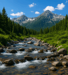 Планинска река с кристална вода и каменисто корито в Пирин