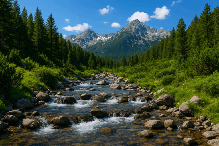 A mountain river with crystal water and a rocky bed in Pirin
