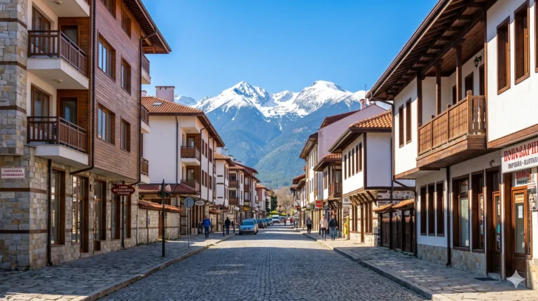 Simeon Molerov Street in the center of Bansko with residential buildings and a view of Pirin Mountain