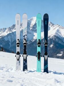 Illustration with several pairs of skis arranged upright on snow in front of a mountain landscape, in a modern minimalist style