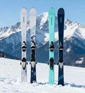 Илюстрация с няколко чифта ски, подредени изправени върху сняг пред планински пейзаж, в модерен минималистичен стил