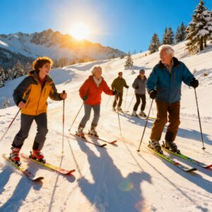 A group of five skiers of different ages are smiling down a sunny, snowy slope in the mountains.