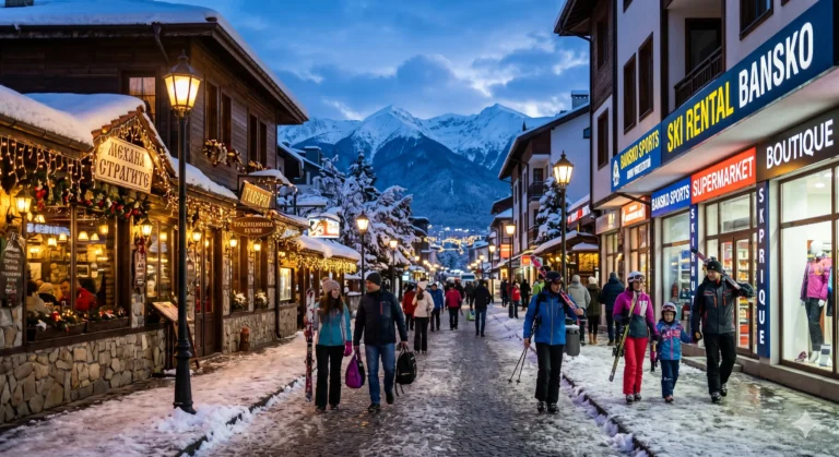 Lively and lively evening atmosphere on Stragite Street in Bansko during the winter season with tourists, restaurants and shops.