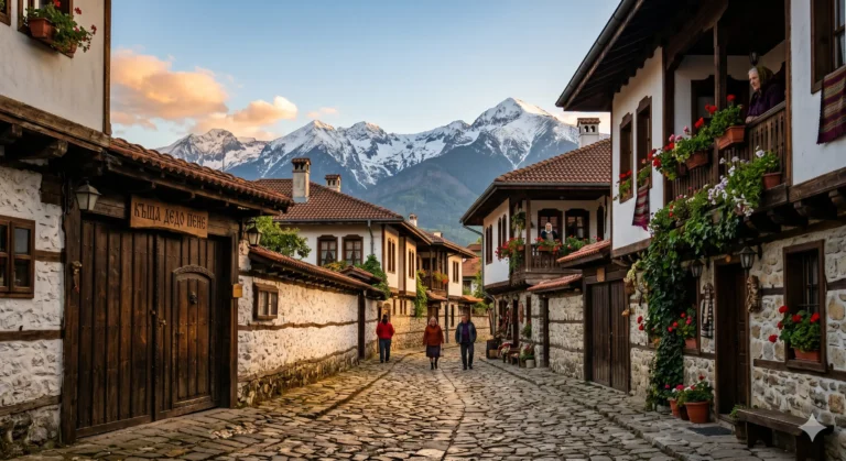 Традиционна каменна къща и калдаръмена улица в Стария град на Банско