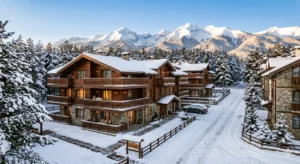 Modern residential complexes in alpine style on Asanitsa Street Bansko in Gramadeto district in winter
