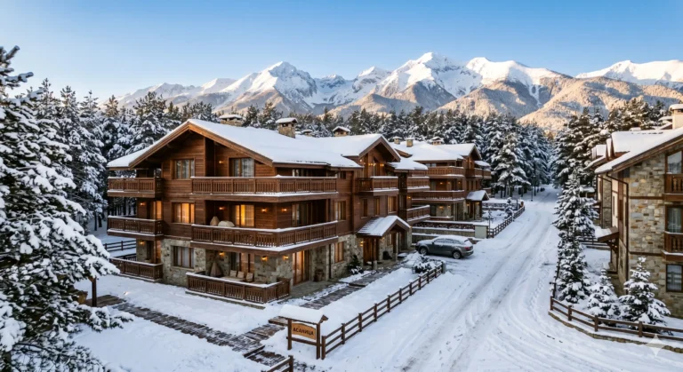 Modern residential complexes in alpine style on Asanitsa Street Bansko in Gramadeto district in winter