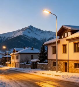 Улица в Банско по здрач с модерни LED улични лампи и изглед към снежните планини