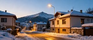 Street in Bansko at dusk with modern LED streetlights and a view of the snowy mountains