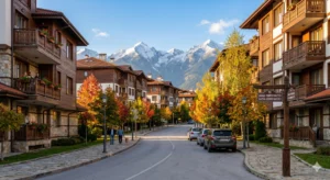 Georgi Nastev Street in Bansko with residential buildings and a view of the Pirin Mountains
