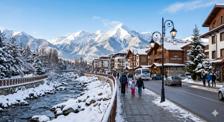 Glazne Street in Bansko in winter with the river and a view of Pirin Mountain