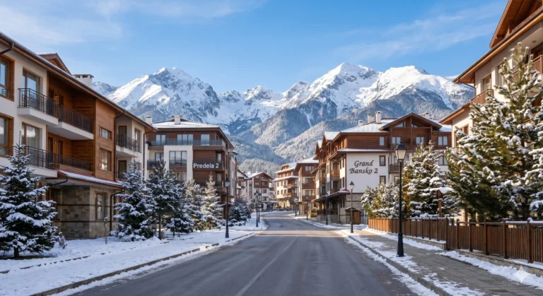Gramadeto Street in Bansko in winter with a view of Pirin Mountain