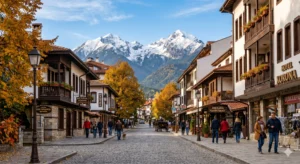 Ivan Rilski Street in Bansko with a view of Pirin Mountain