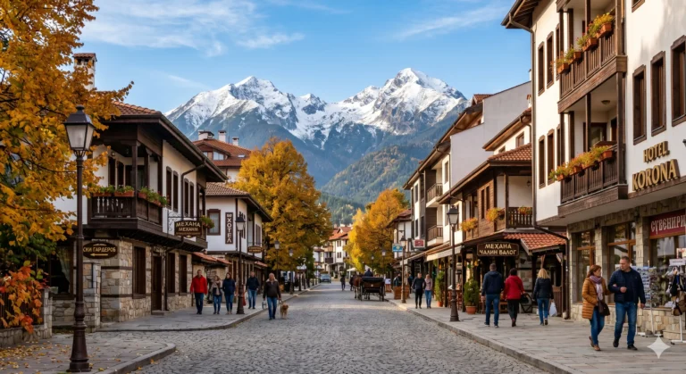 Ivan Rilski Street in Bansko with a view of Pirin Mountain