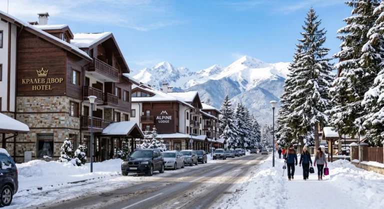 Kralev Dvor Street in Gondola district, Bansko during the winter season with hotels and a view of Pirin Mountain