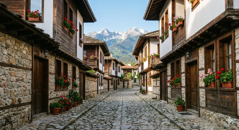 Traditional residential street Momini Dvori in the historic center of Bansko with a view of Pirin Mountain