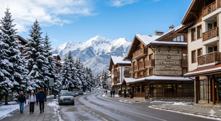 Modern hotel complexes and clean roads on Shinova Ela Street in Bansko in winter