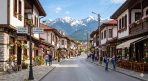 Stefan Karadzha Street in Bansko with a view of Pirin Mountain