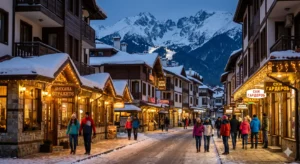 Strazhite Street in Bansko with hotels and restaurants during the winter season