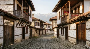 Автентична калдъръмена улица Велян Огнев в стария град на Банско с възрожденски къщи