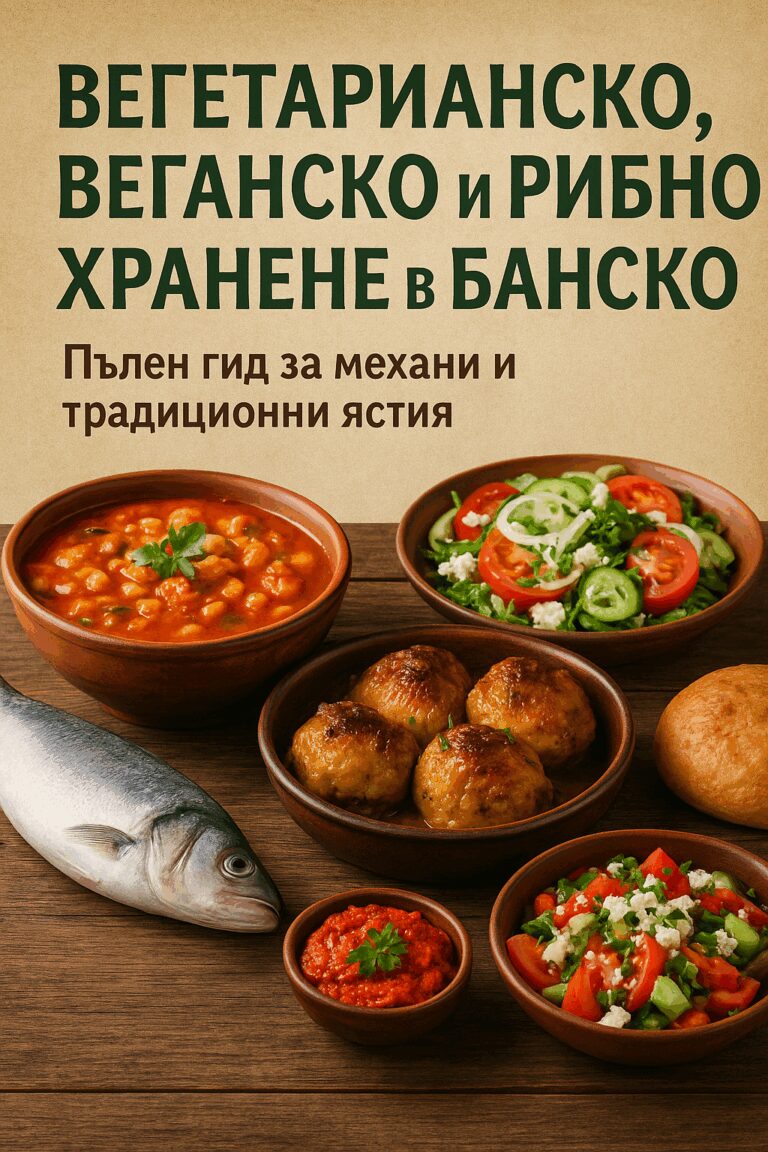 Изображение традиционных болгарских блюд – овощных салатов, рагу из нута, рыбного блюда и запеченных фрикаделек – с подписью „Вегетарианская, веганская и рыбная еда в Банско – полный путеводитель по тавернам и традиционным блюдам“.