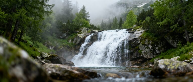 Powerful waterfall in Demyanitsa River, Pirin Mountain, Bansko Bulgaria, natural landmark