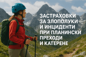 A woman with a red jacket, blue helmet and backpack stands against the backdrop of high mountains. Text on the photo: "INSURANCE FOR ACCIDENTS AND INCIDENTS DURING MOUNTAIN PASSES AND CLIMBING".
