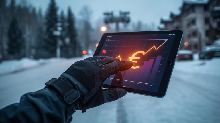 A hand with a winter glove holds a tablet showing an ascending financial graph and a euro symbol, against the backdrop of a snowy winter resort, illustrating property investments in Bansko.