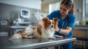 Thank you for providing two photos. I am generating the requested information for the second photo (with the file 2.VET DOG.jpg), since I already generated the first one a moment ago: ????️ Alt text Alt text: A veterinarian in a blue uniform examines a small Papillon dog with long brown and white fur, which lies calmly on a metal table in a doctor's office.