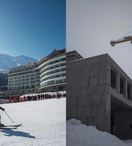 Колаж показващ контраста между ски състезанията и спрените строежи в Банско през 2008 година