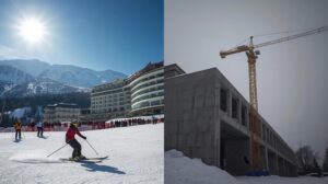 A collage showing the contrast between ski racing and suspended construction in Bansko in 2008